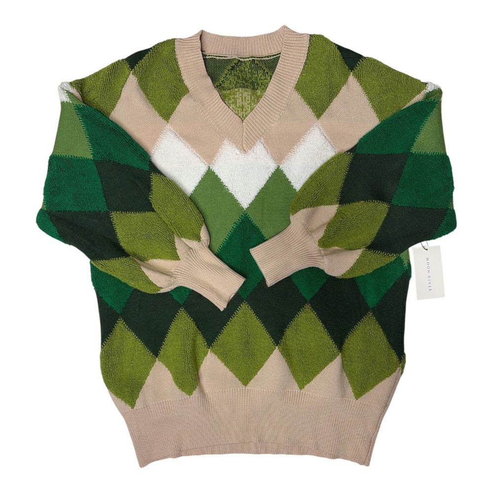MoonRiver Green Argyle V-Neck Textured Boucle Balloon Sleeve Sweater NWT